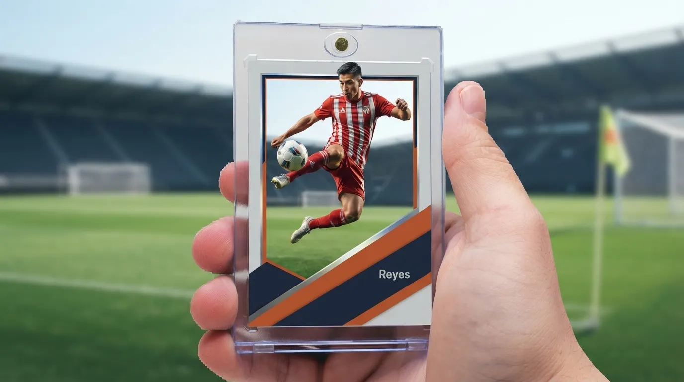 Hand holding magnetic case with fc mobile cards soccer card, low-angle diagonal color-block design.