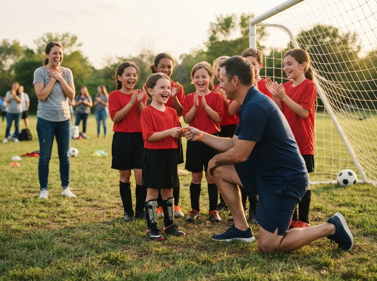 Coach and young soccer player share proud emotional moment on grass pitch near goal.