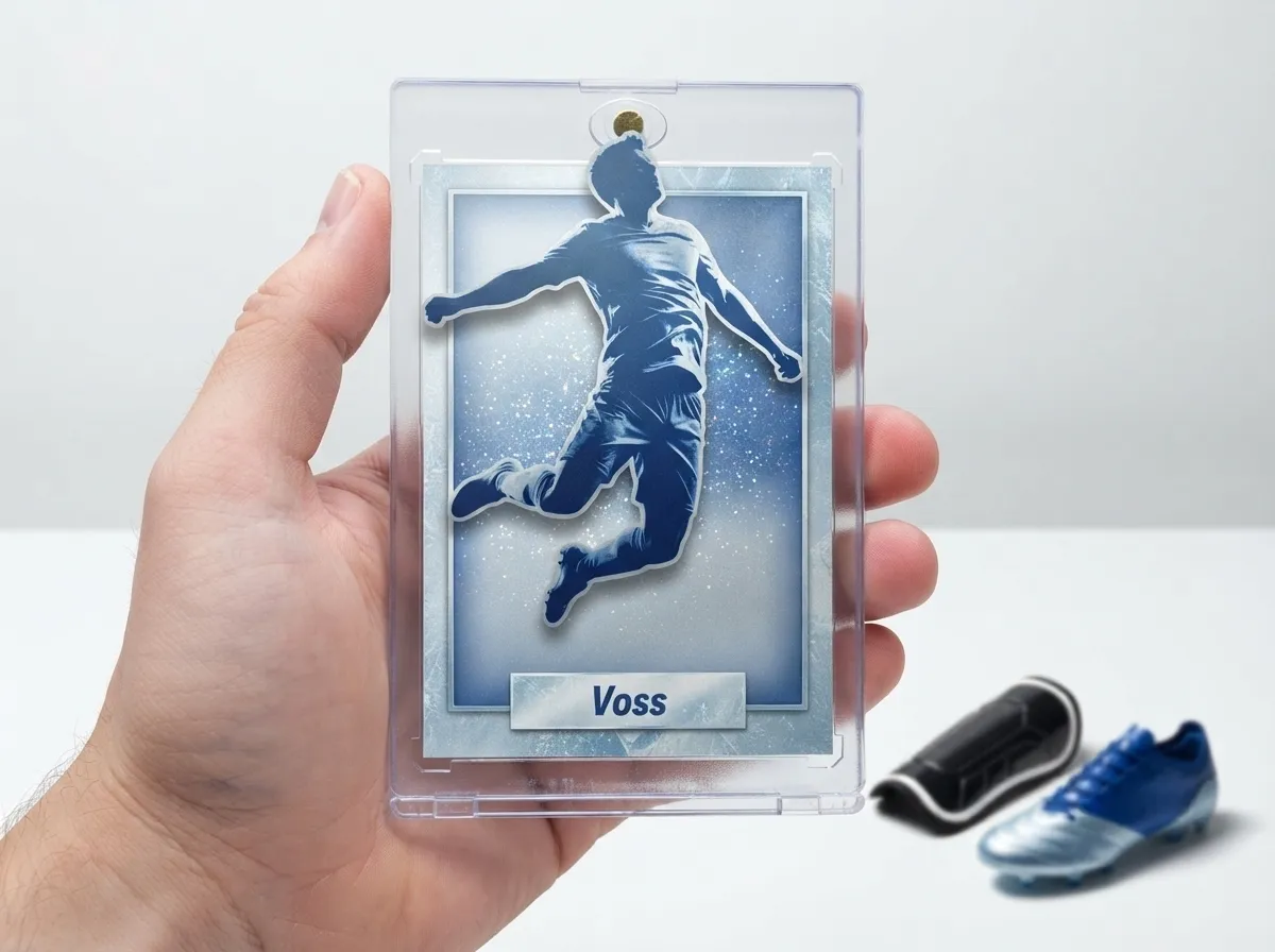 Custom soccer trading card in magnetic case, icy blue refractor design with frozen mid-action player.