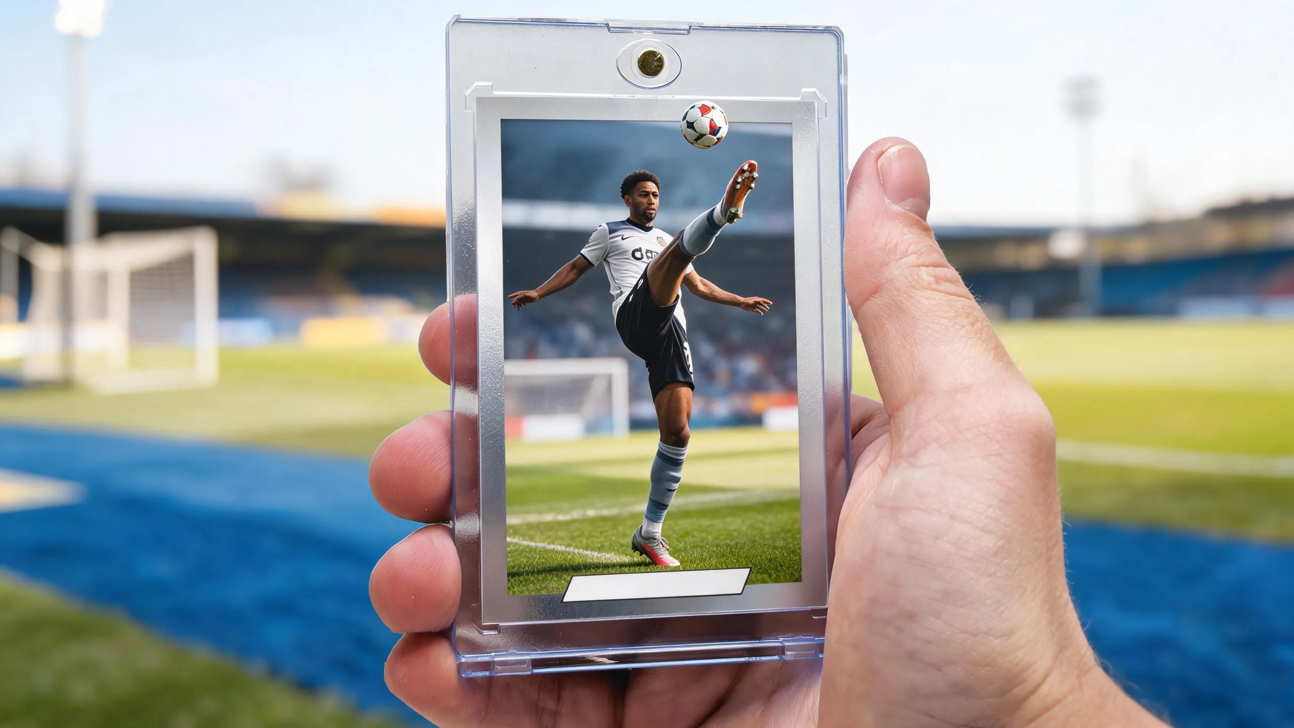 Hand holding fc mobile create card in clear magnetic case with soccer player rating card design