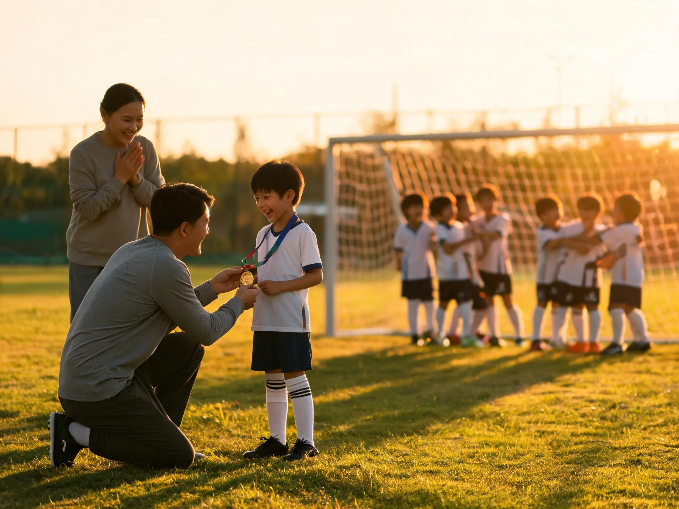 Coach and proud parent celebrate with young soccer player on sunny pitch