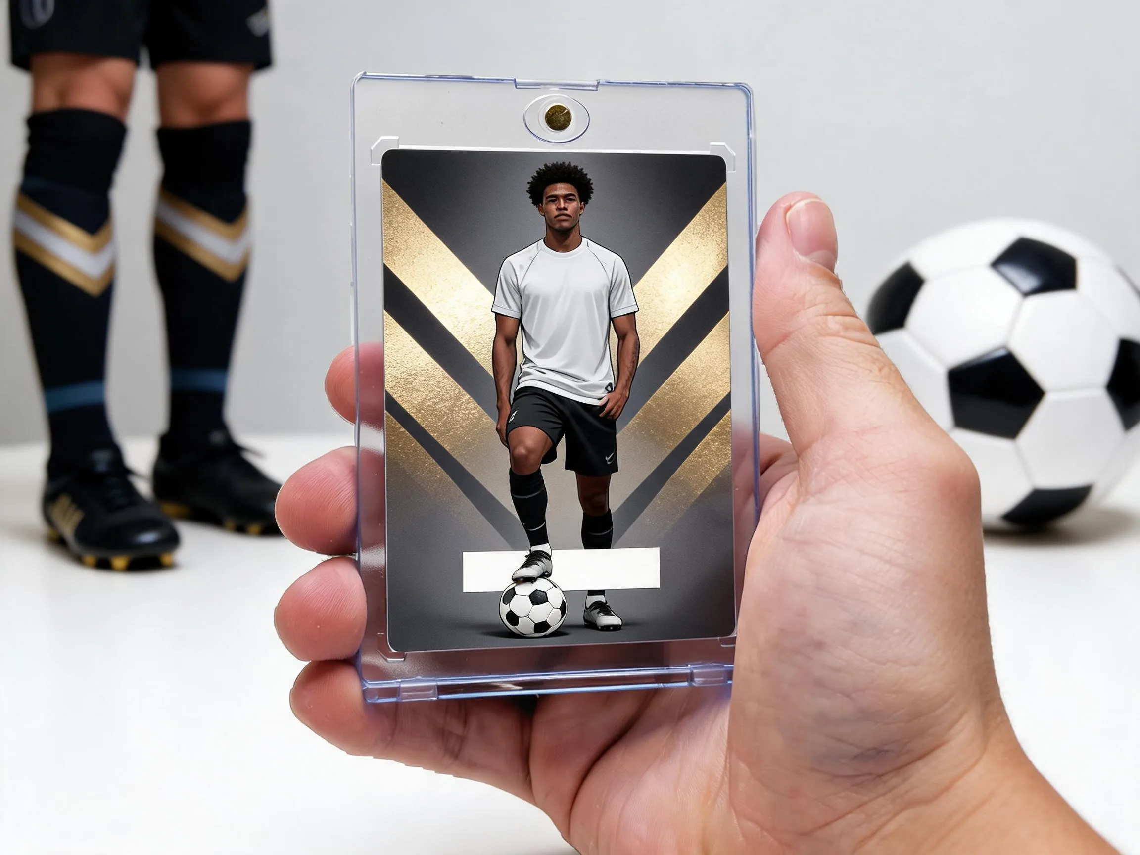 Custom soccer trading card in magnetic case with gold metallic rating-card design