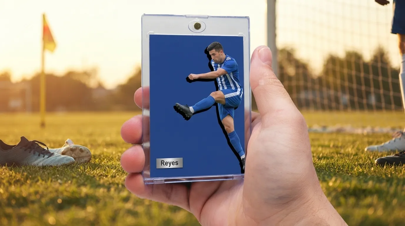 Hand holding magnetic case with fc mobile custom card featuring a bold blue soccer player design.