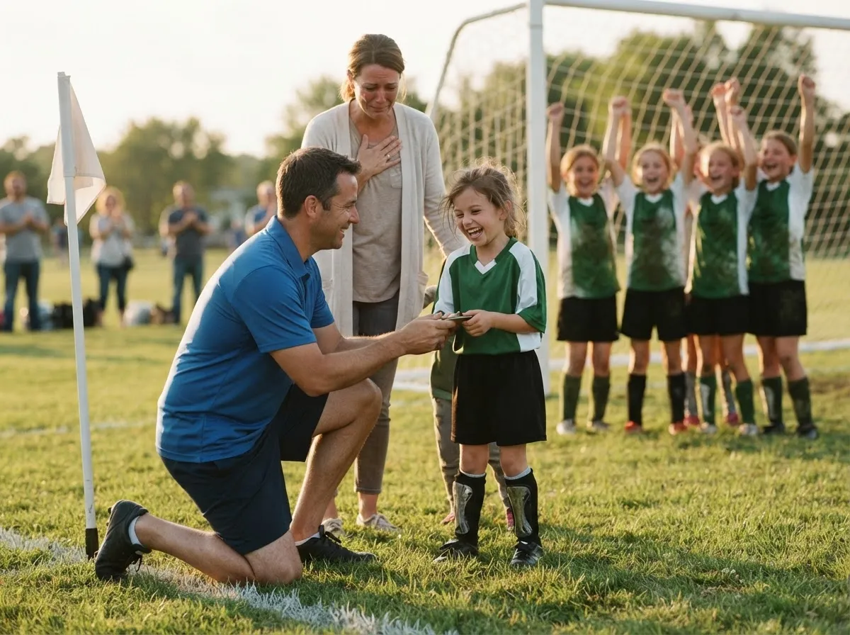 Coach shares a warm moment with young soccer player as parent watches proudly near goal.