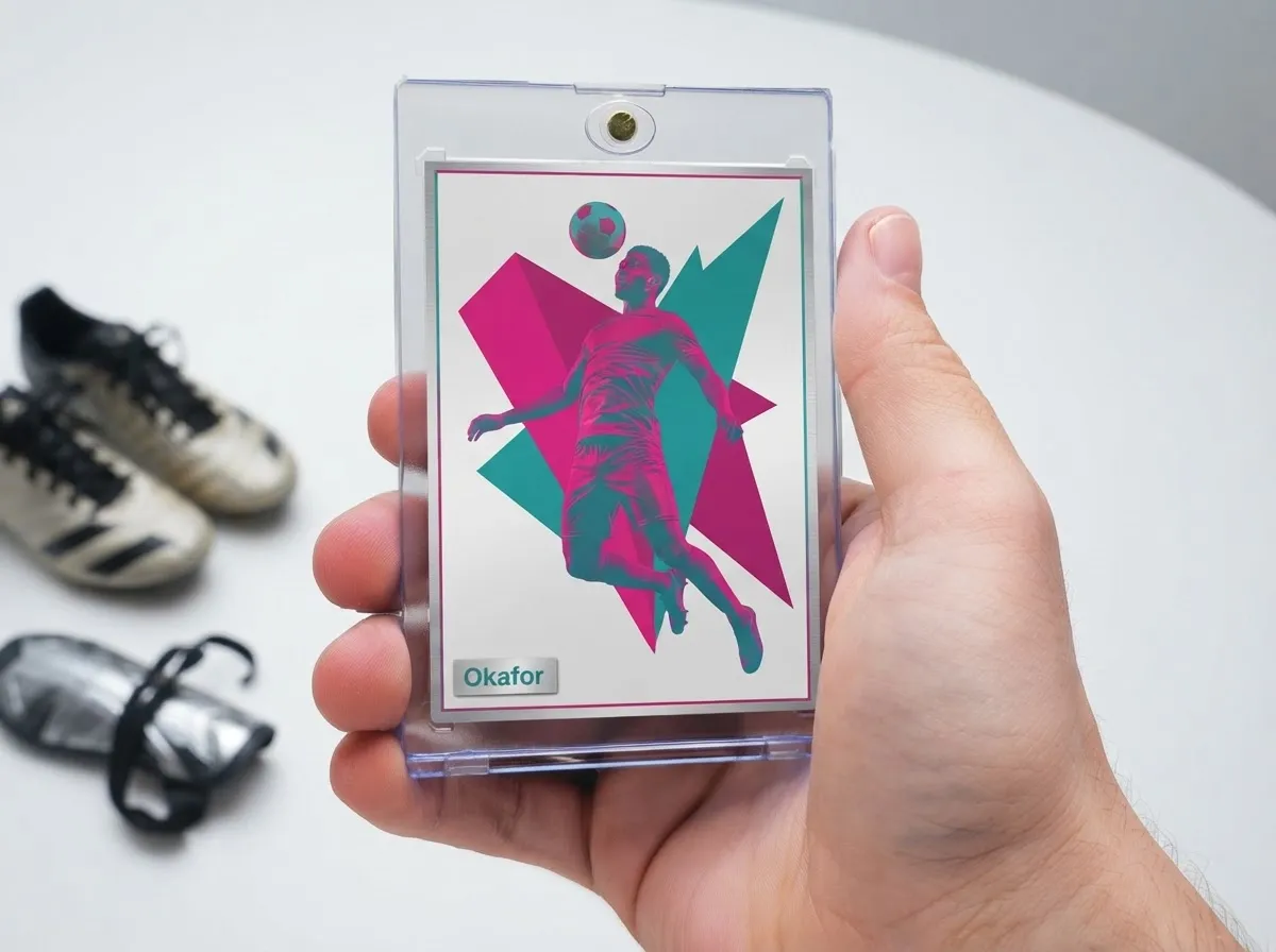 Custom soccer trading card in magnetic case showing magenta and teal duotone player design.