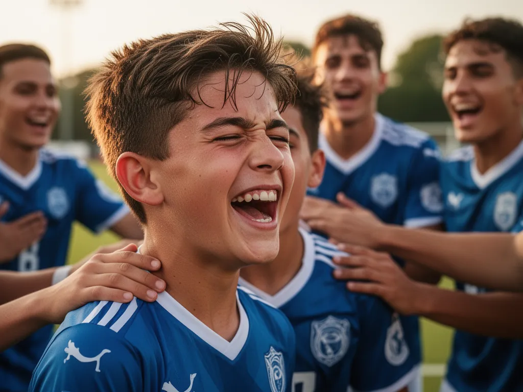 Young soccer player celebrating with genuine emotion and joy after scoring a goal