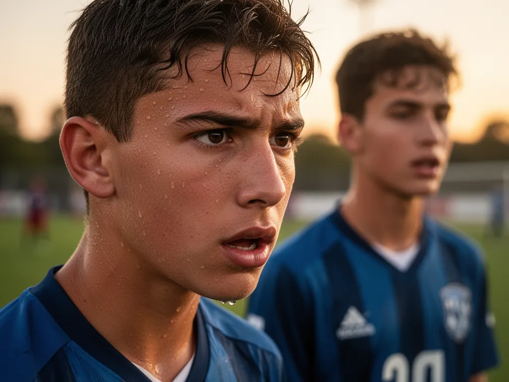 Young soccer player with intense focus and determination during competitive match