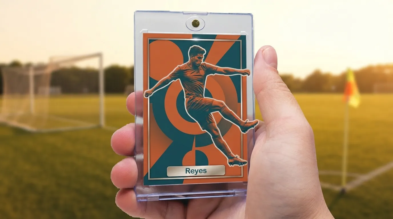 Hand holding fc25 card creator soccer card in magnetic case, duotone striker design, golden-hour pitch background
