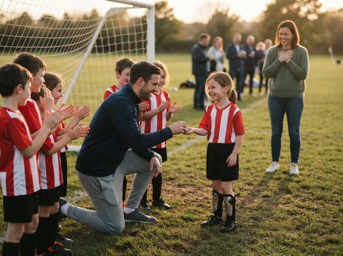 Coach and celebrating young soccer players share a proud emotional moment on the pitch