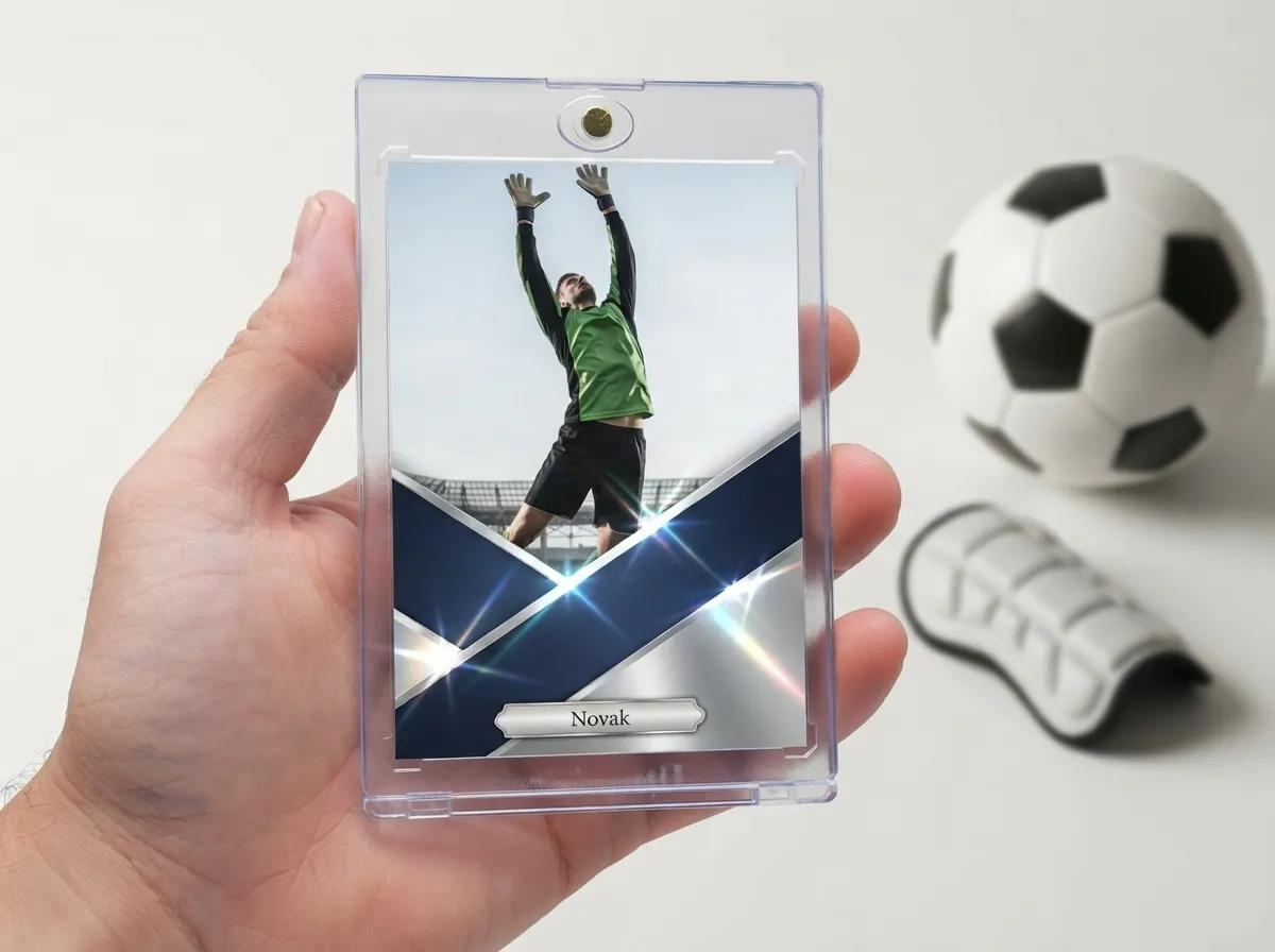 Custom soccer trading card in magnetic case showing chrome diagonal frame and goalkeeper design