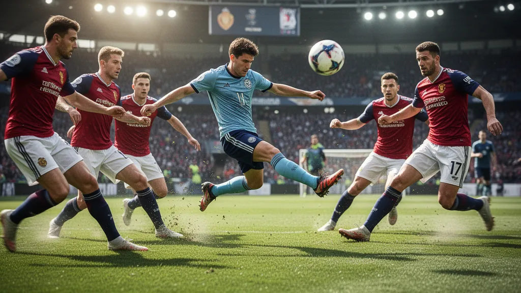 Soccer players in dynamic match action with athlete kicking ball across green field