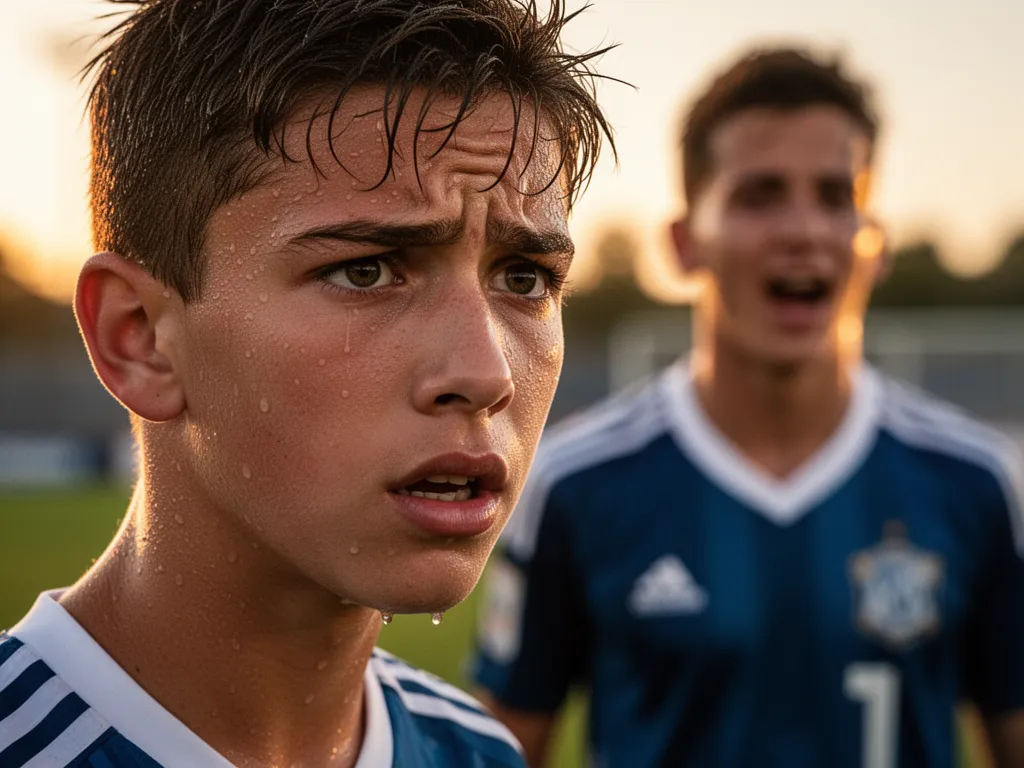 Young soccer player's concentrated face showing determination during competitive match play