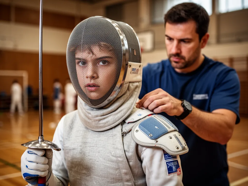 Young fencer with coach adjusting gear, showing focus and mentorship moment