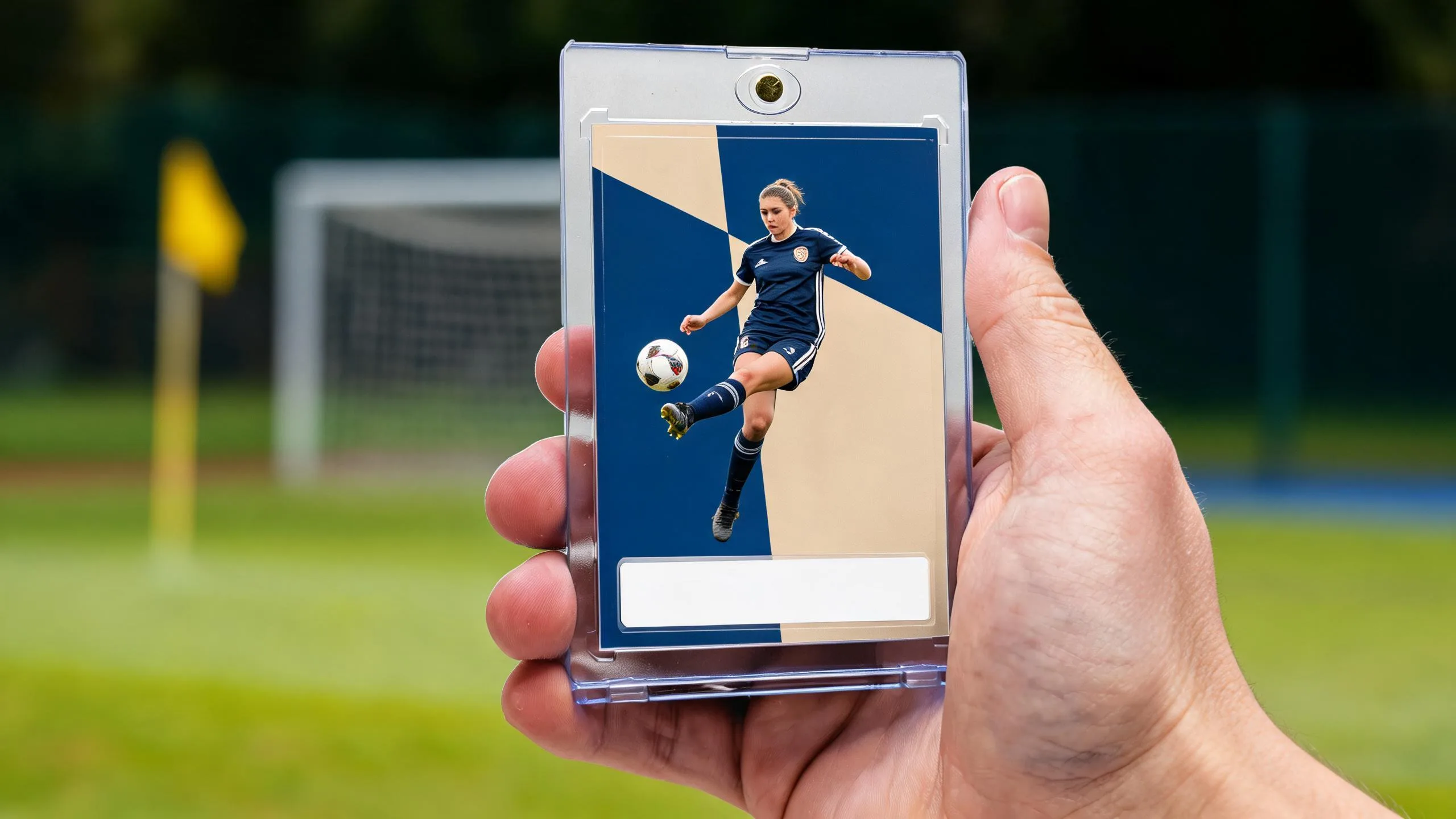 Hand holding magnetic case with custom soccer card, fifa 10 card creator design, pitch background.