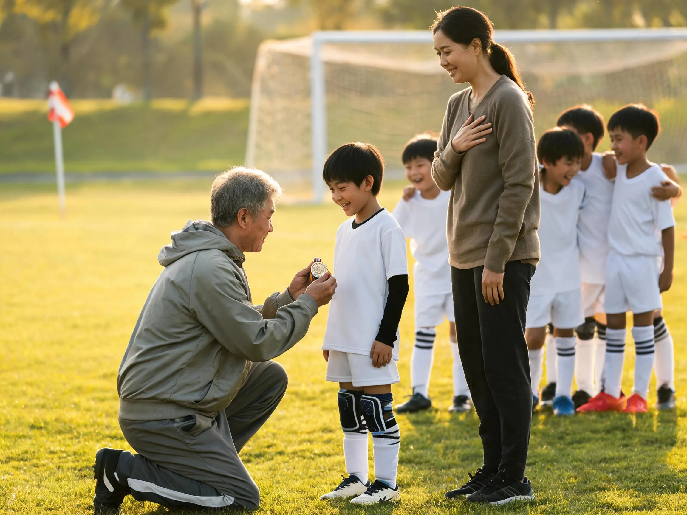 Coach and young athlete share proud moment on sunlit soccer field with team.