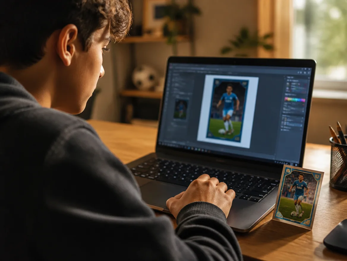 Person making a custom soccer card on a laptop