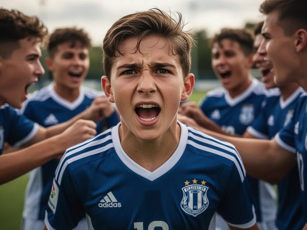 Young soccer player with focused expression celebrating with teammates on the field