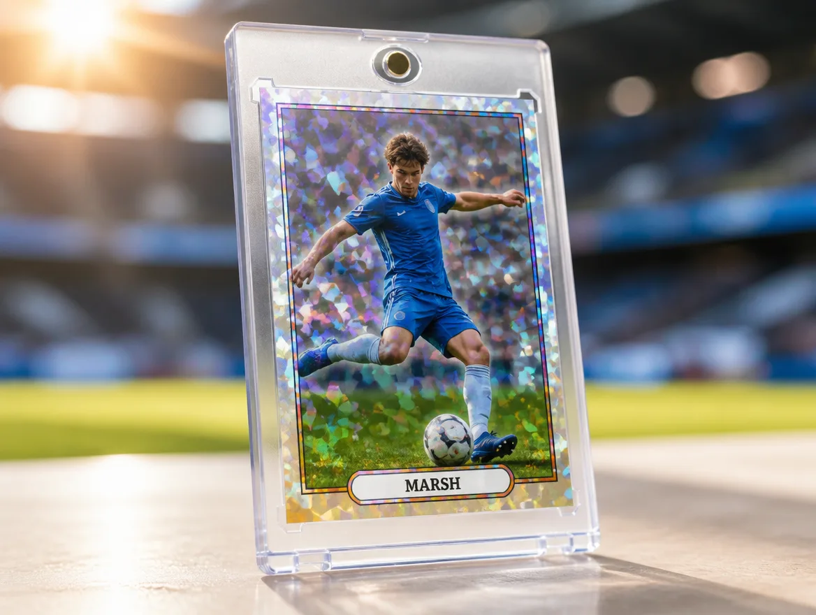 Custom soccer trading card displayed in a magnetic case