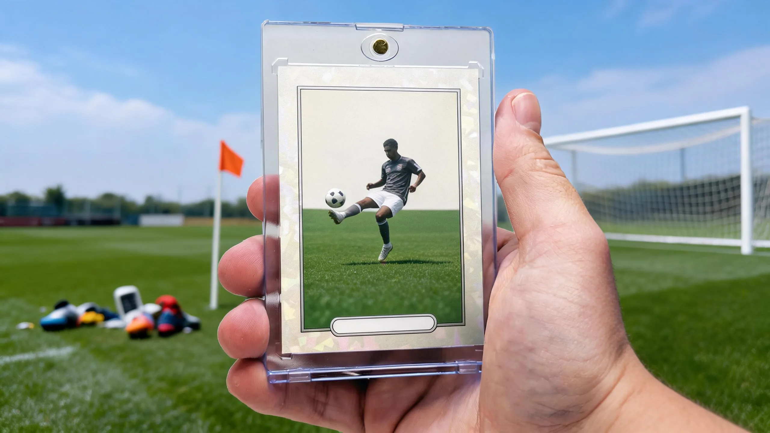 Hand holding fifa 25 card creator magnetic case with custom soccer player card outdoors.