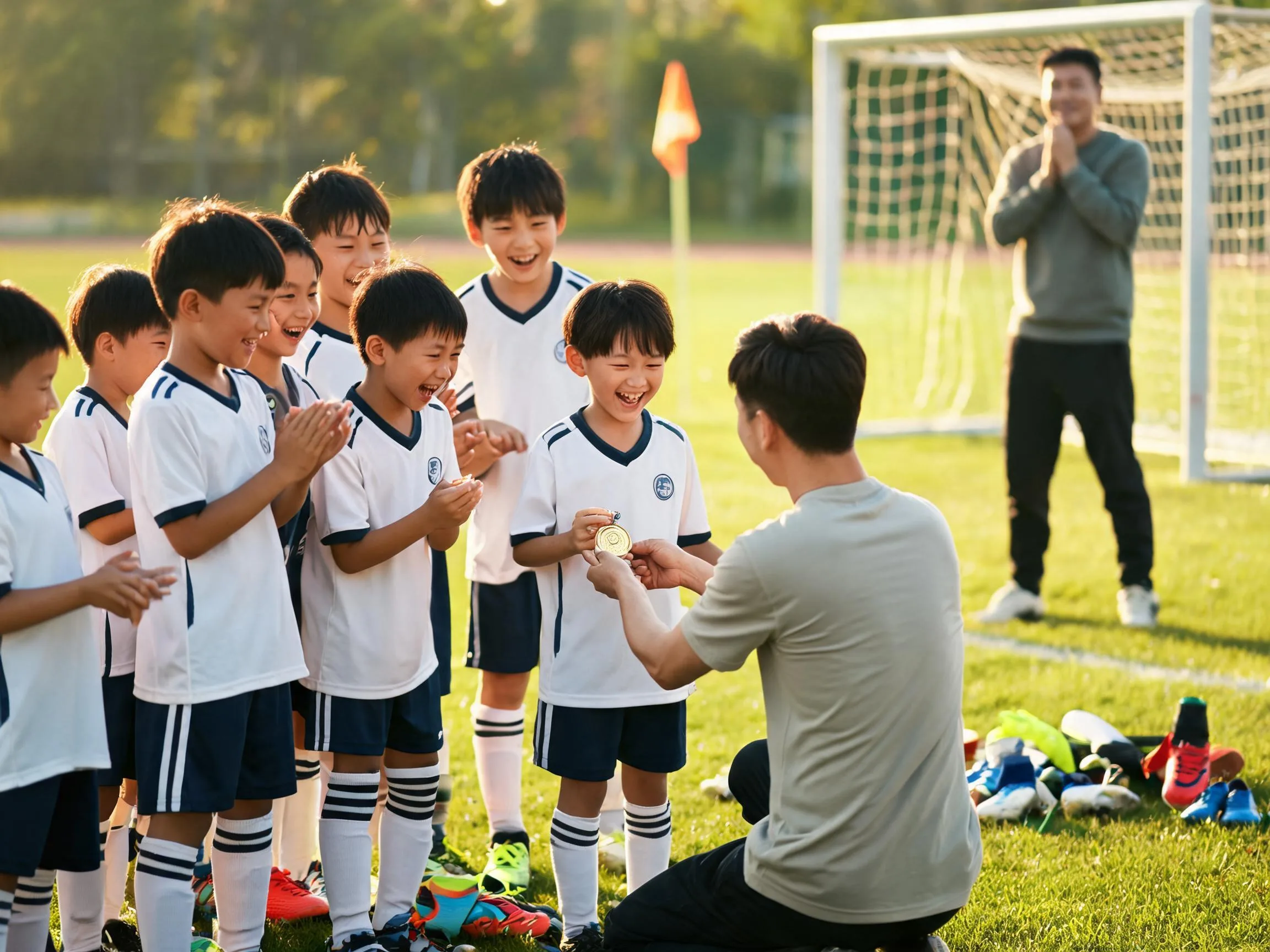 Coach and young soccer player share a proud emotional teamside celebration moment.