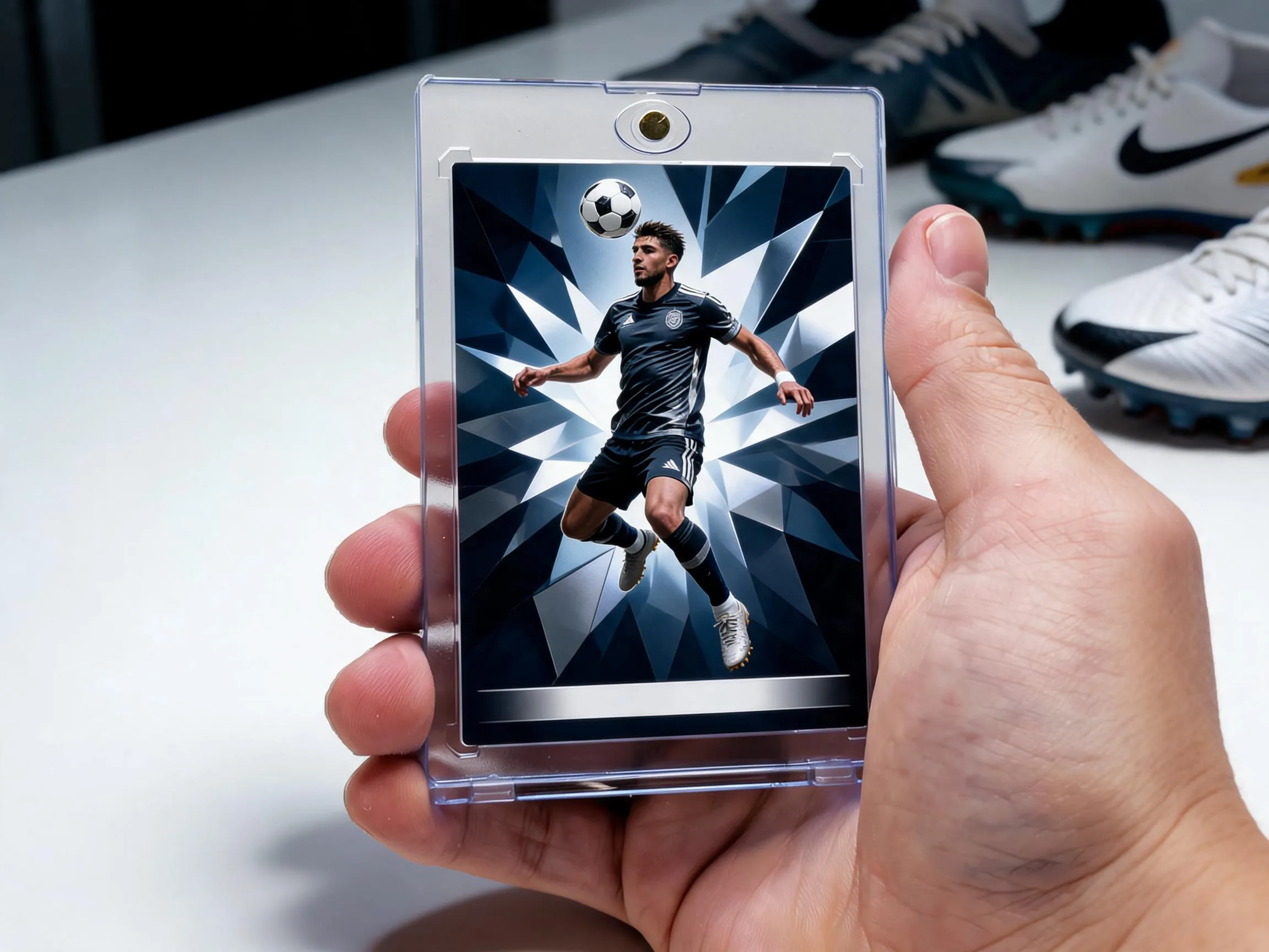 Custom soccer trading card in magnetic case with dark chrome player design.