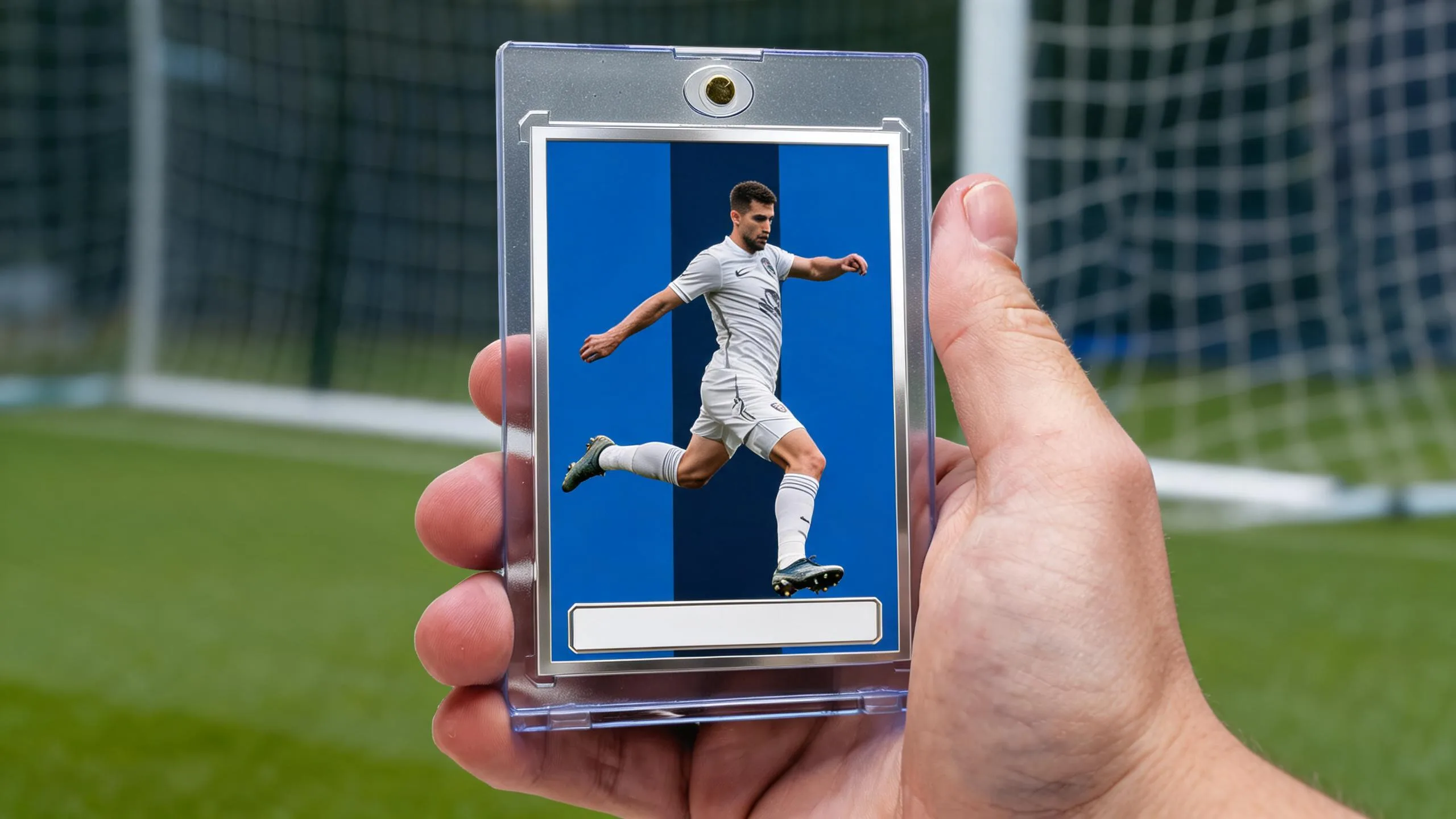 Hand holds fifa card builder magnetic case with custom blue-gold soccer player card design.