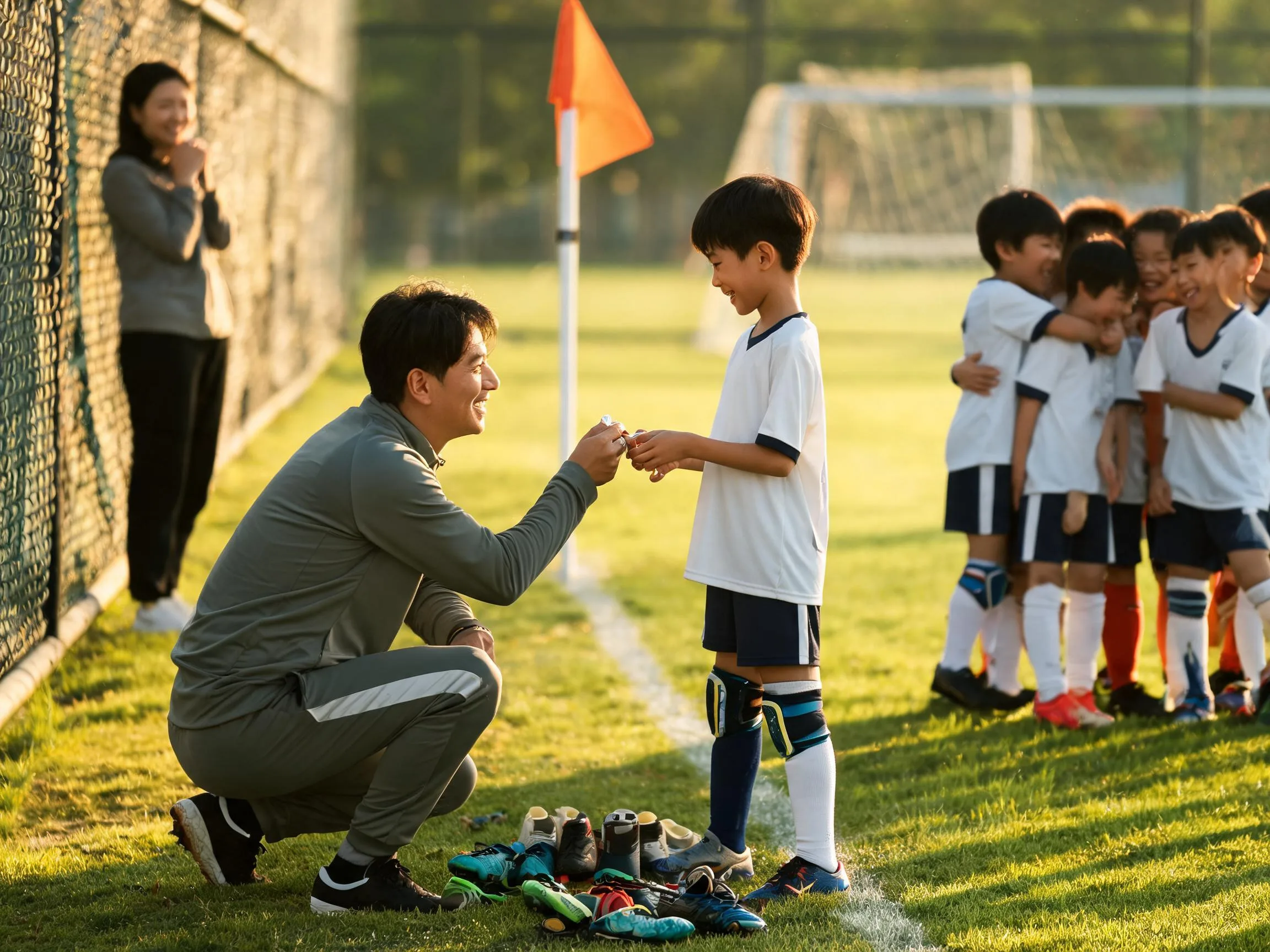 Coach and young soccer player share a proud, emotional moment on a sunlit grass pitch.