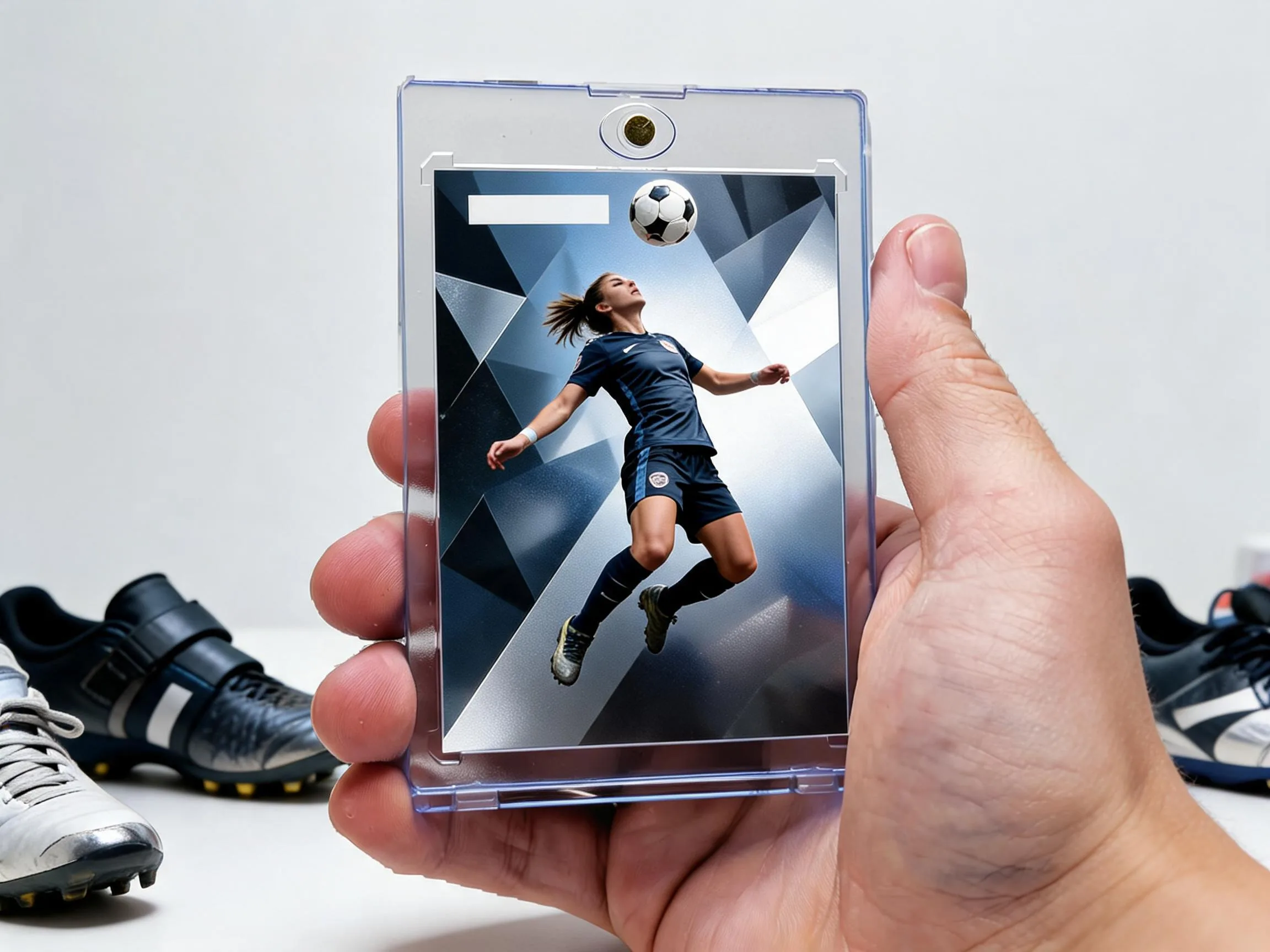 Custom soccer trading card in magnetic case, dark chrome header-pose design on white tabletop.
