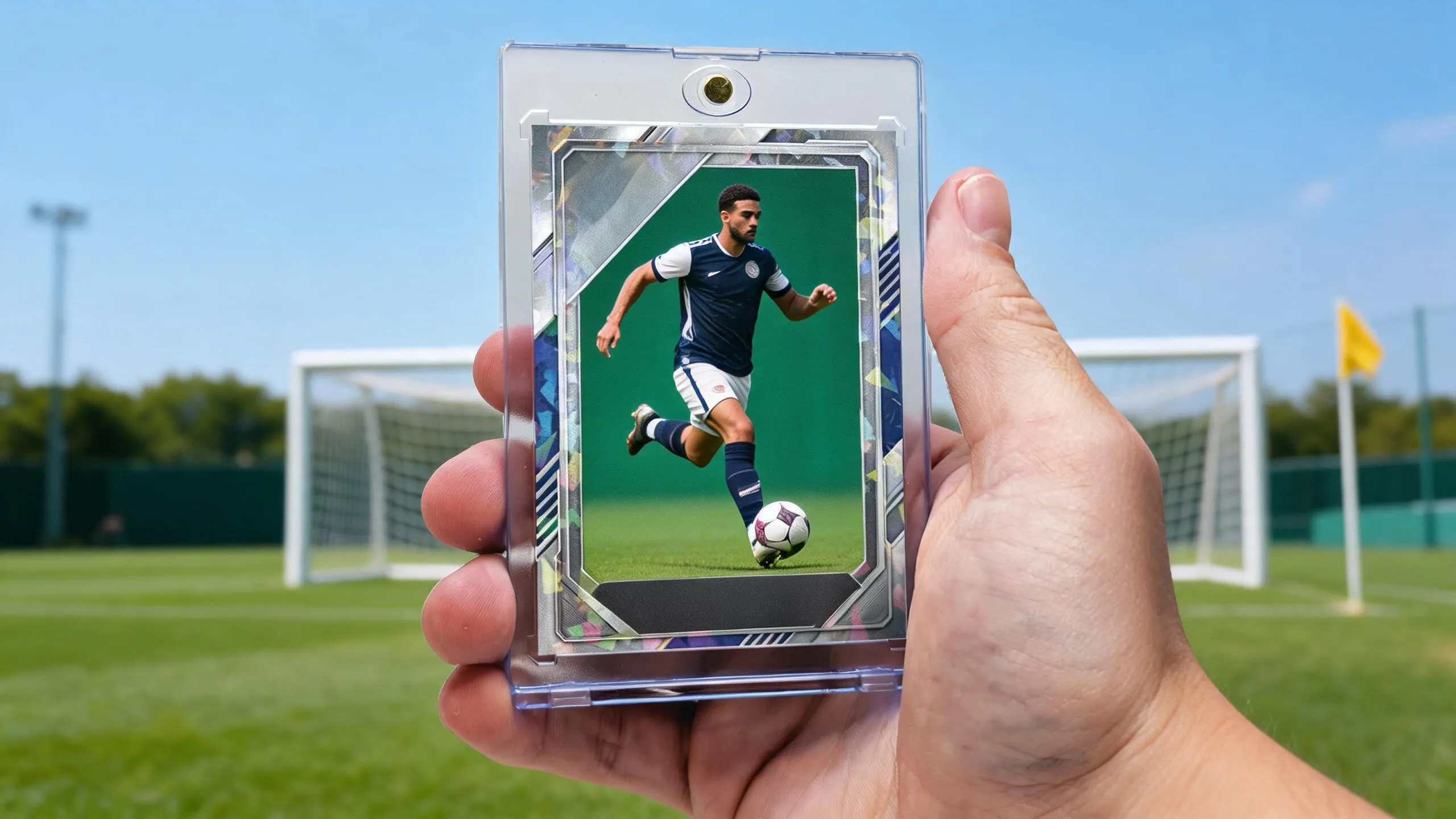 Hand holding fifa card creator free magnetic case with metallic soccer player rating card design.