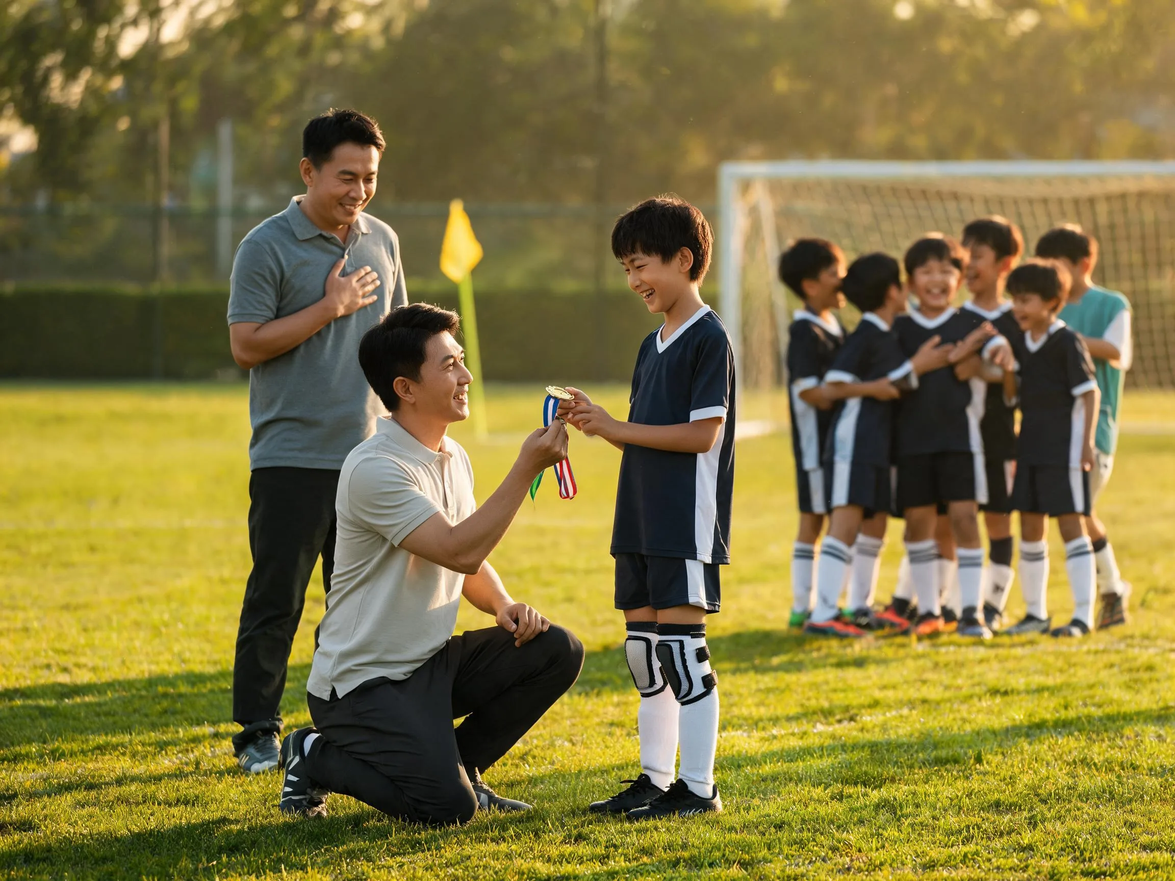 Coach and young soccer player share a proud emotional moment on sunlit field.