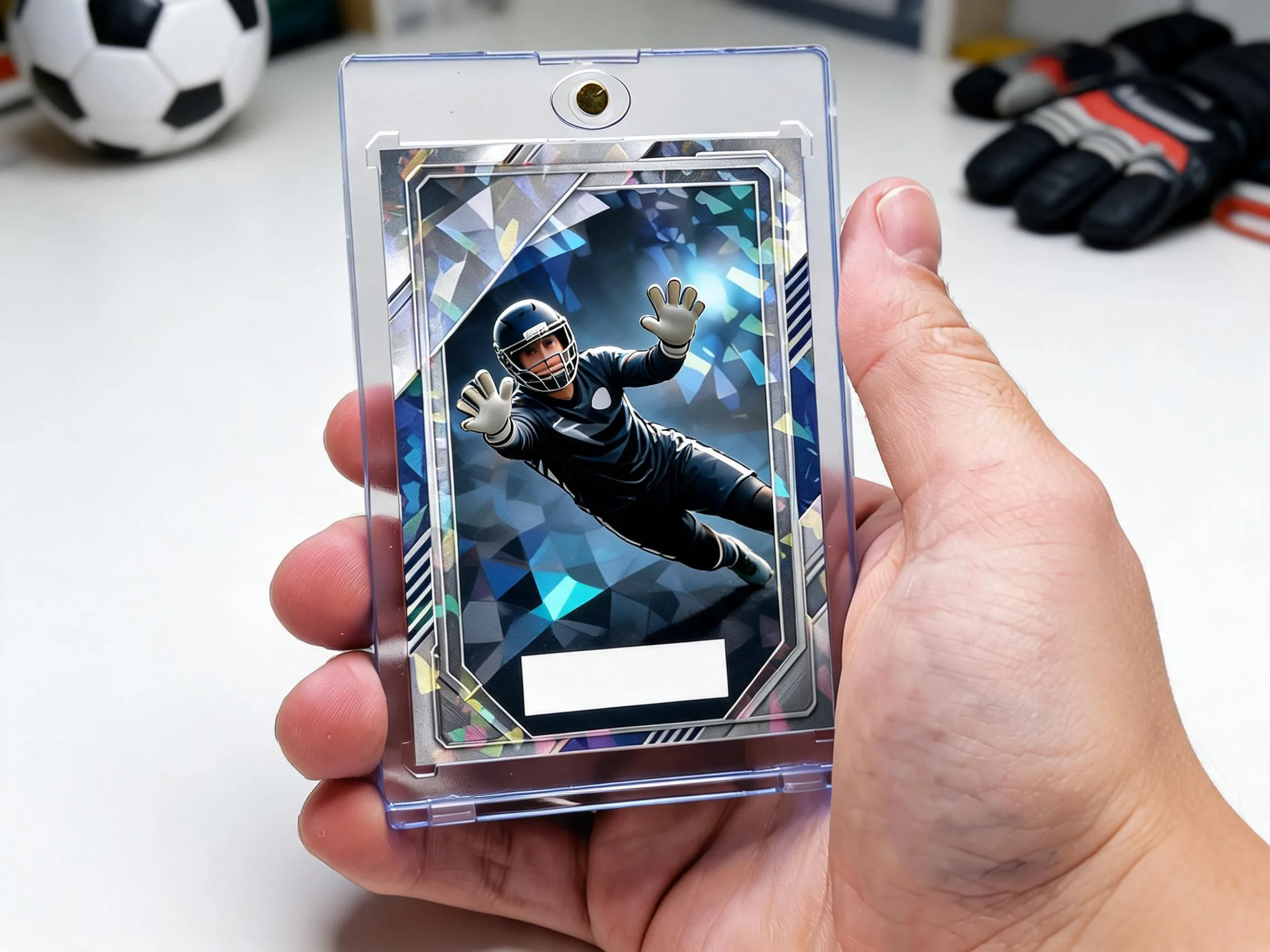 Custom soccer trading card in clear magnetic case with dark chrome goalkeeper design.