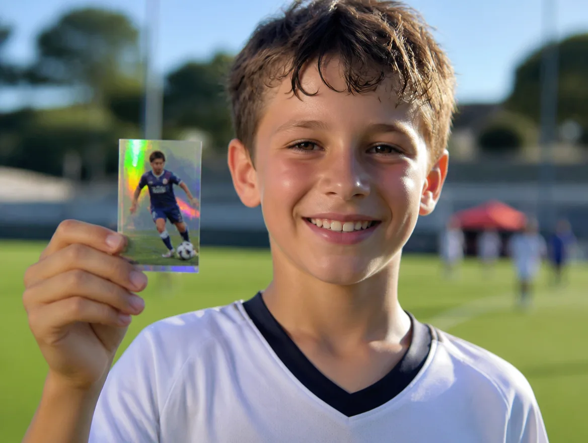 Young soccer player holding a custom trading card on the pitch