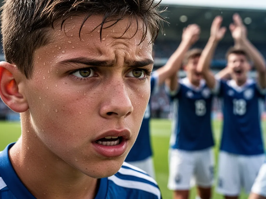 Young athlete's determined expression during competitive soccer match moment