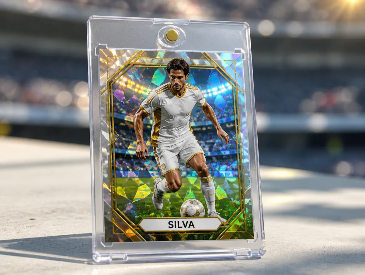 Custom soccer trading card displayed in a premium magnetic case