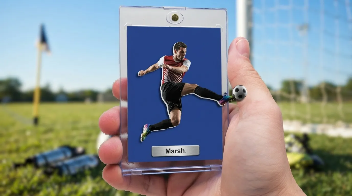 Hand holding fifa card generator soccer card in clear magnetic case on sunny pitch.