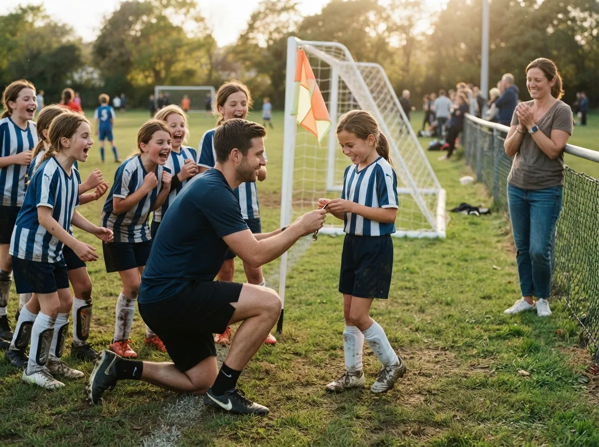 Coach and young soccer player share proud emotional moment near goal net at practice.