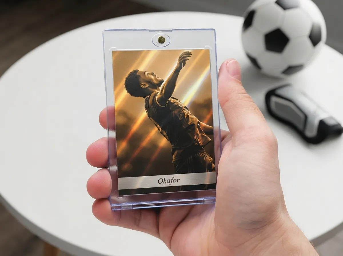 Custom soccer trading card in magnetic case showing chrome full-bleed player action shot.