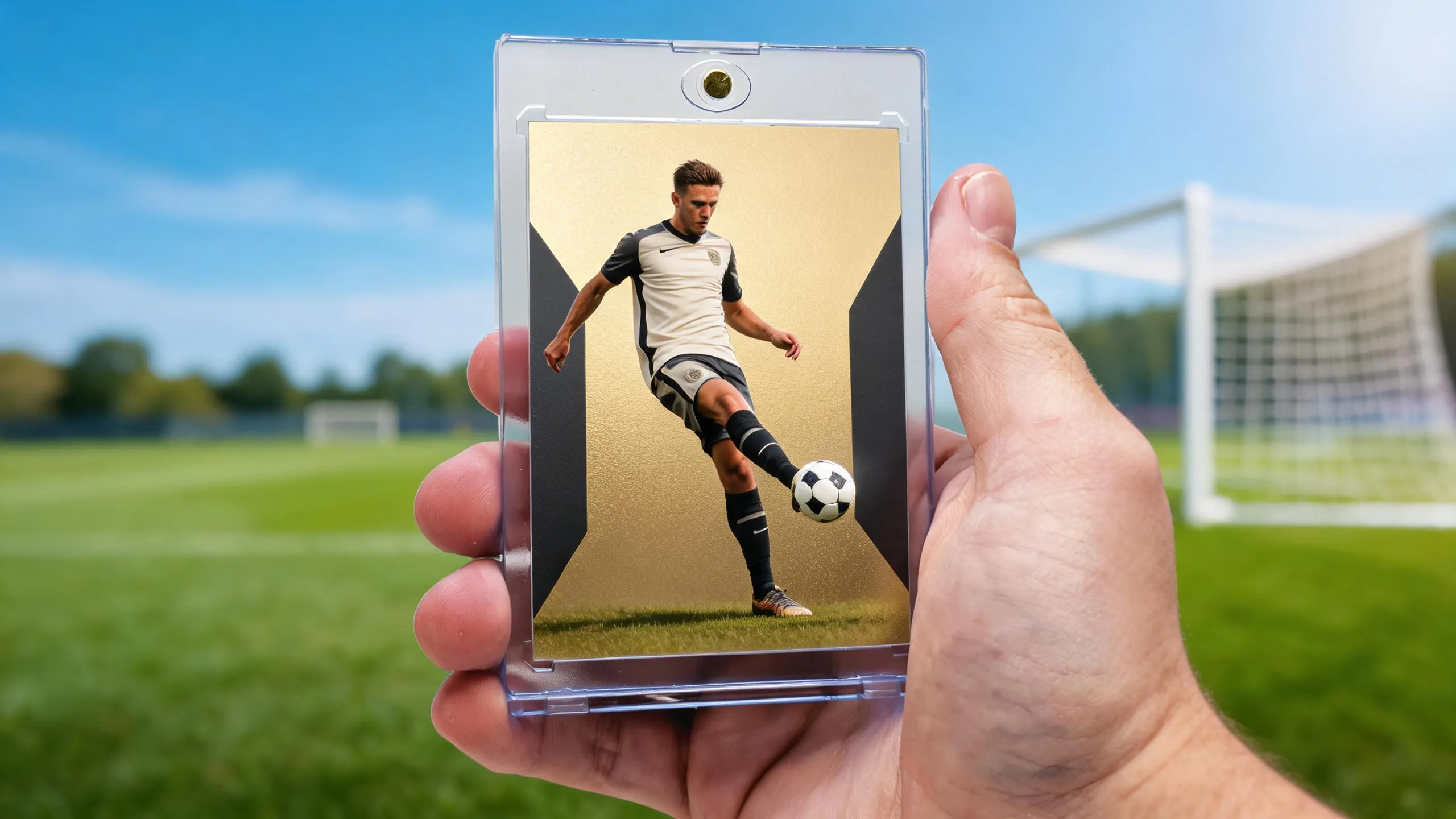 Hand holding fifa card maker custom trading card in clear magnetic case, sunny soccer pitch background