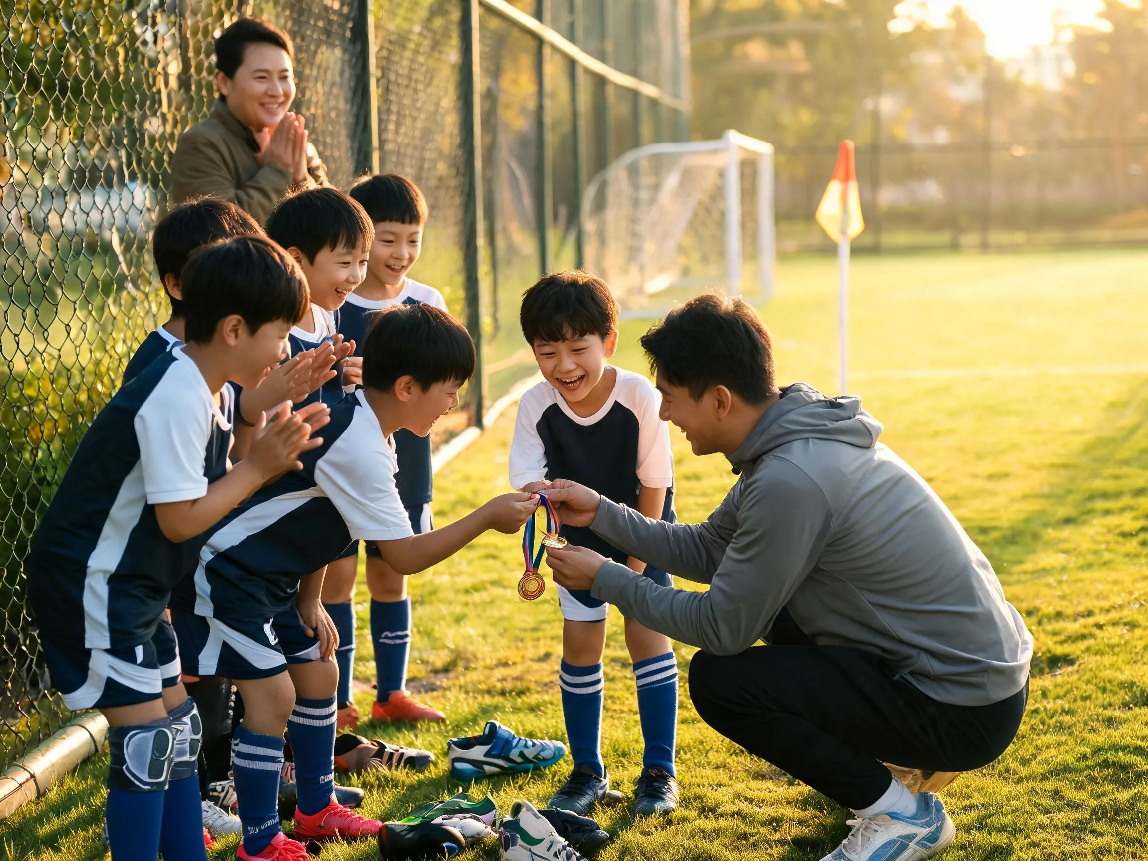 Coach and youth soccer team share proud celebration moment on sunny grass field