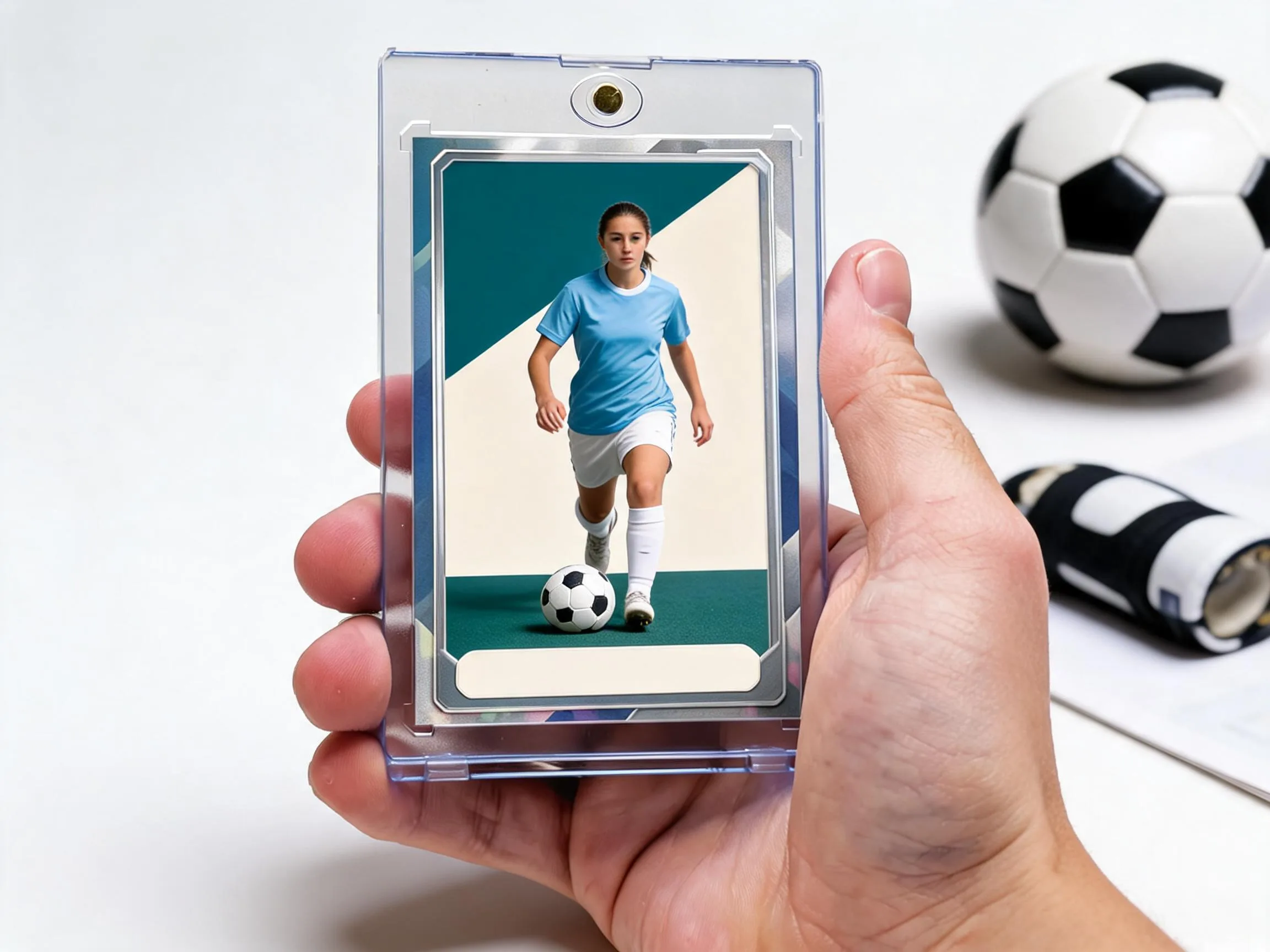Custom soccer trading card in magnetic case standing on white tabletop with soccer gear