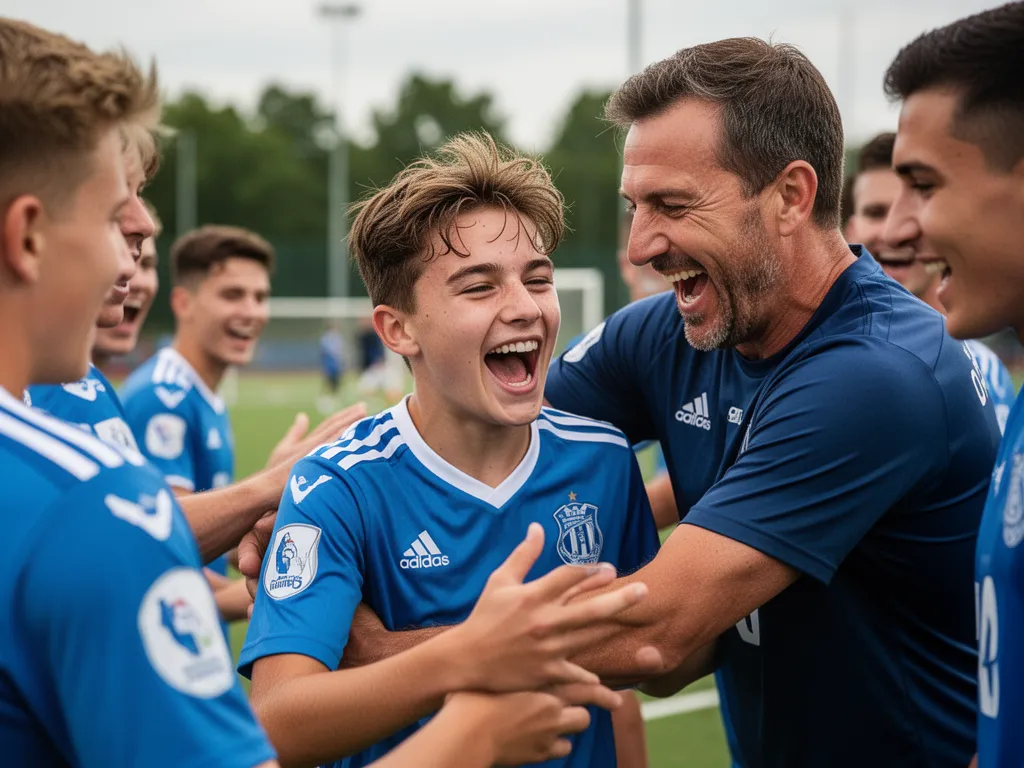 Young athlete celebrating with coaches and teammates after scoring goal on field