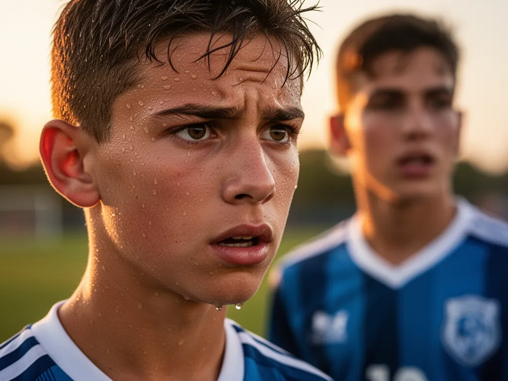 Young soccer athlete showing intense concentration and determination during competitive play moment