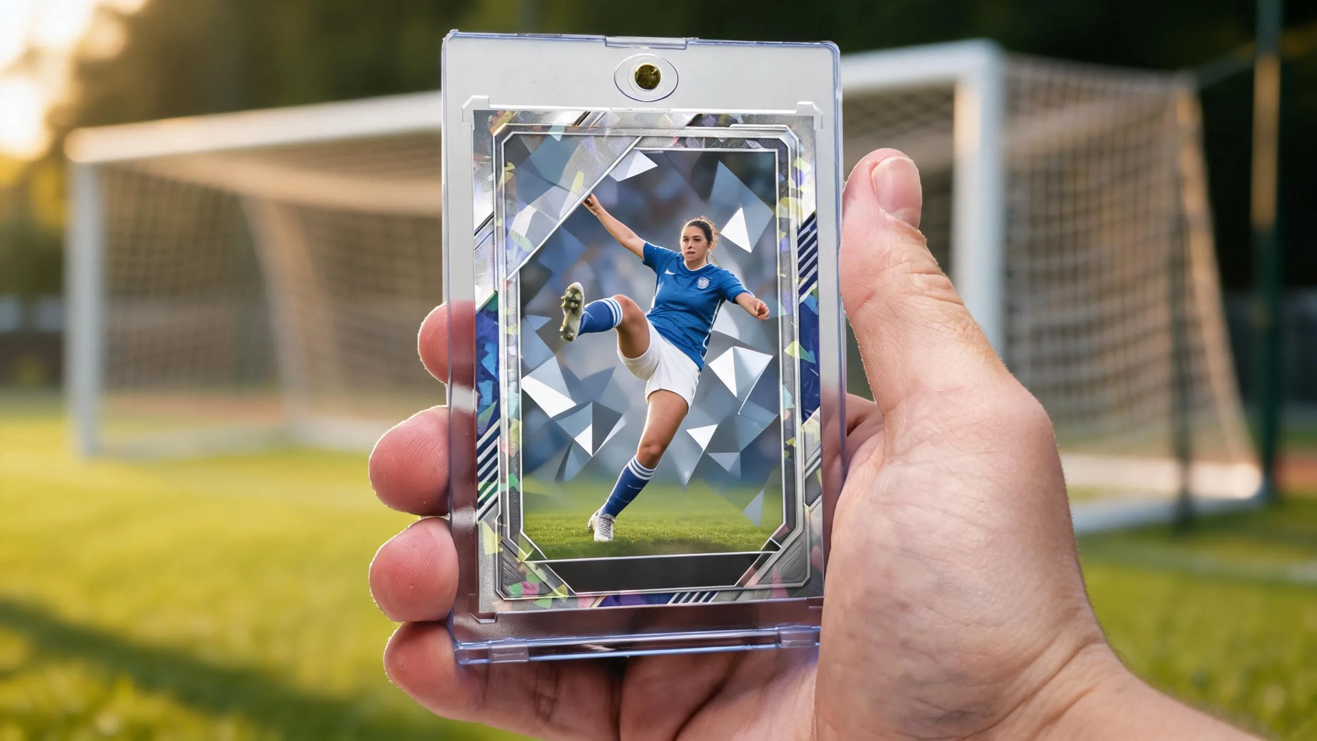 Fifa card randomizer result showing a magnetic case holding a chrome soccer player card.