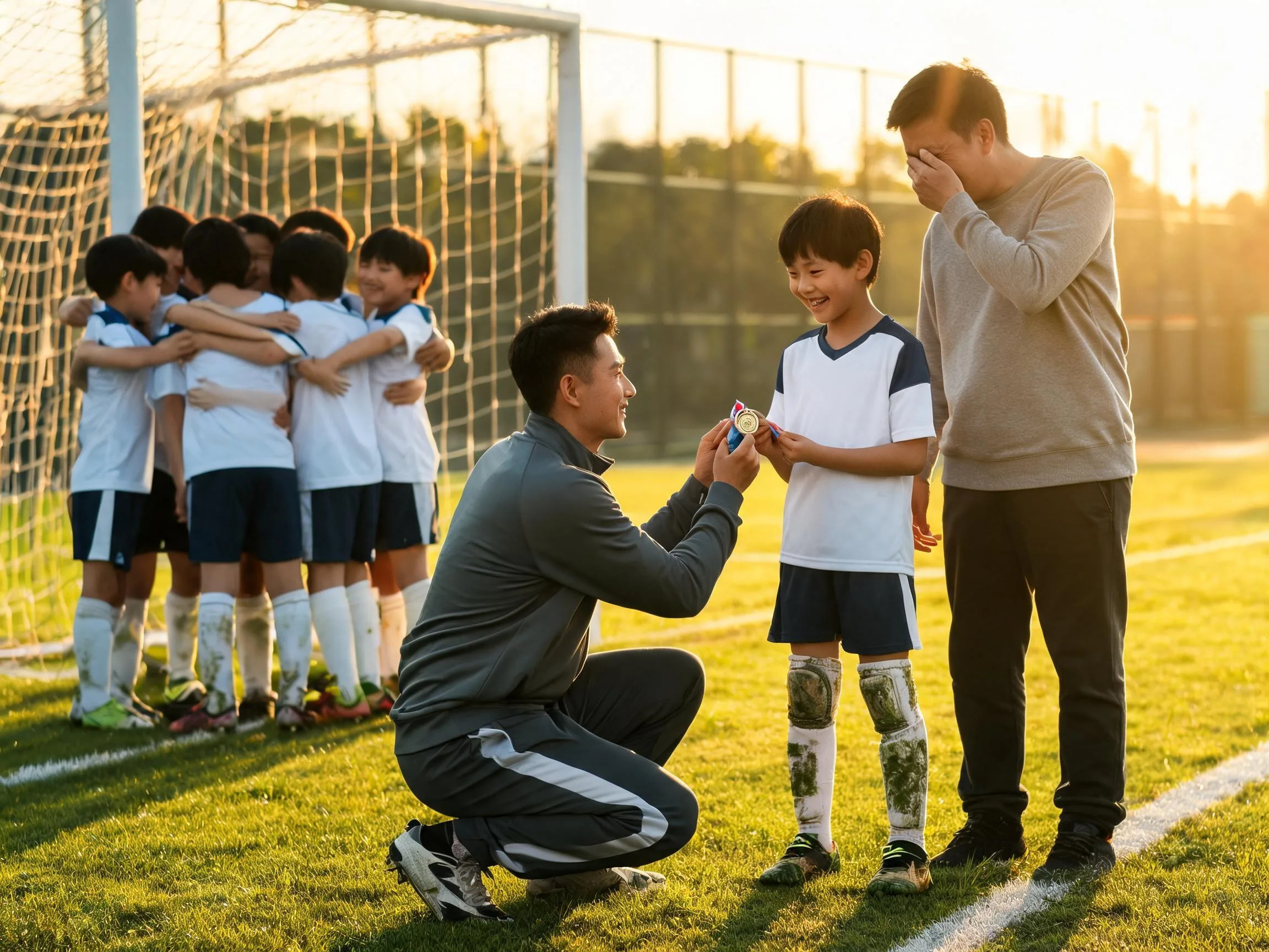 Coach and young soccer player share a proud, emotional moment on the field.