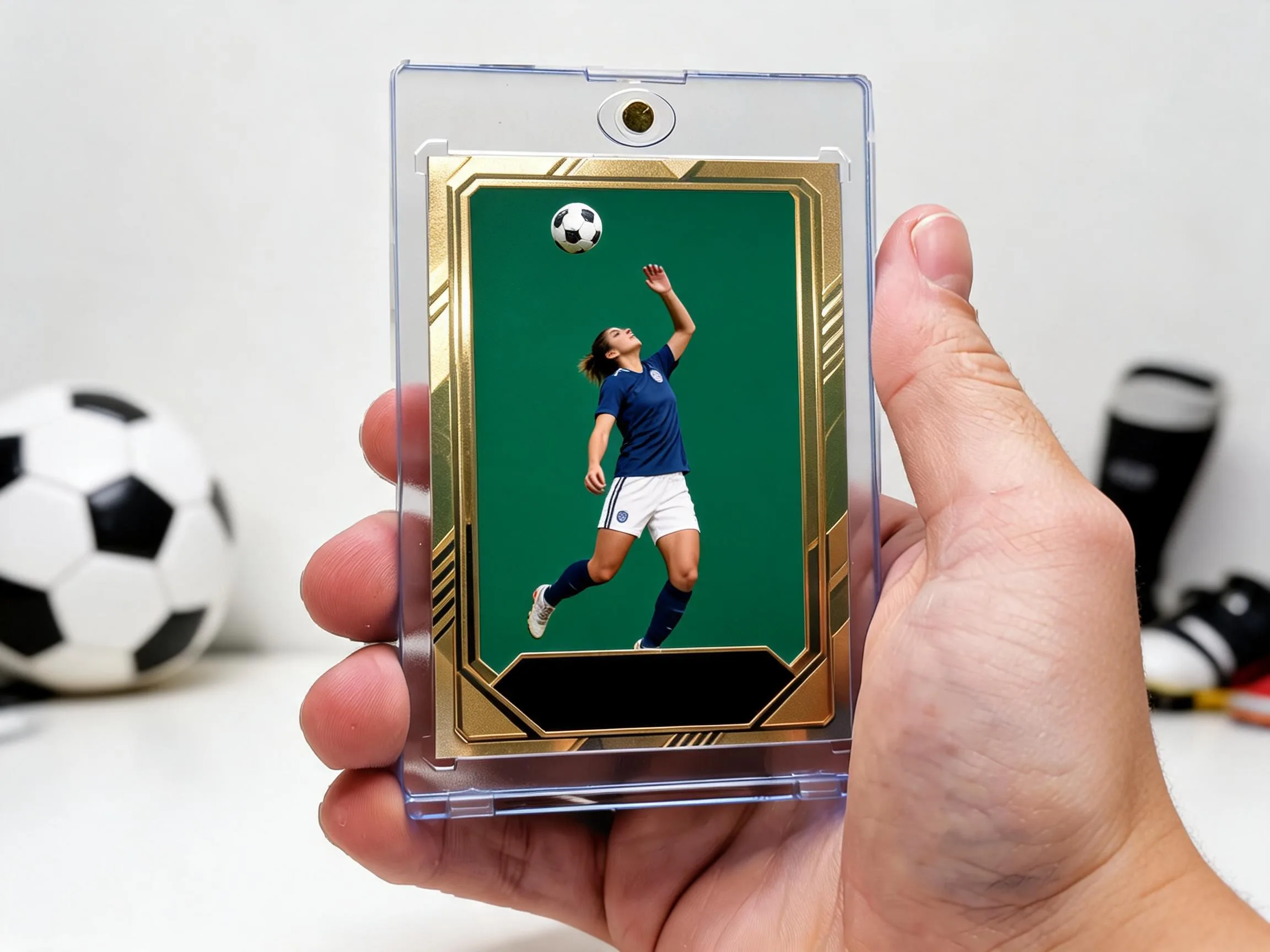 Custom soccer trading card in a magnetic case, green and gold geometric frame design.