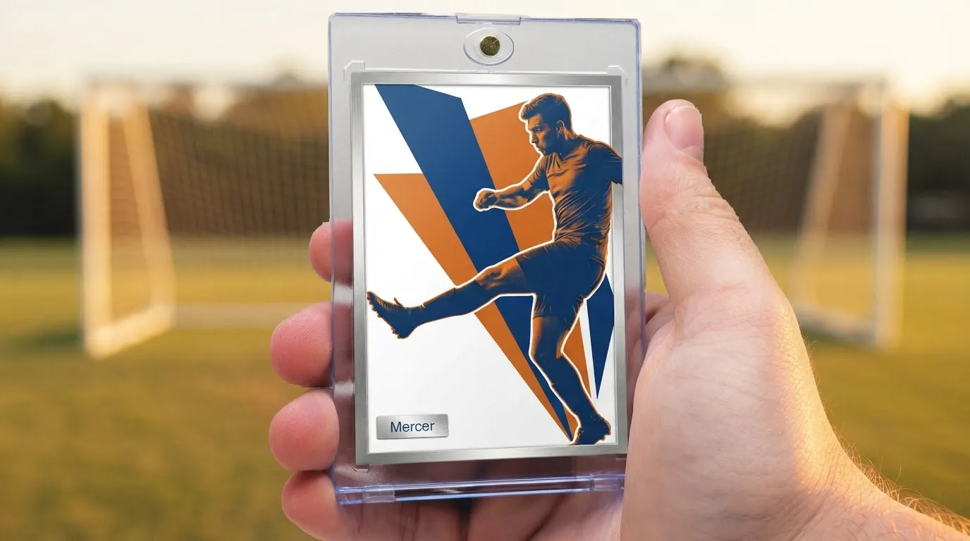 Hand holding fifa card simulator trading card in magnetic case, duotone soccer player design, sunset pitch background.