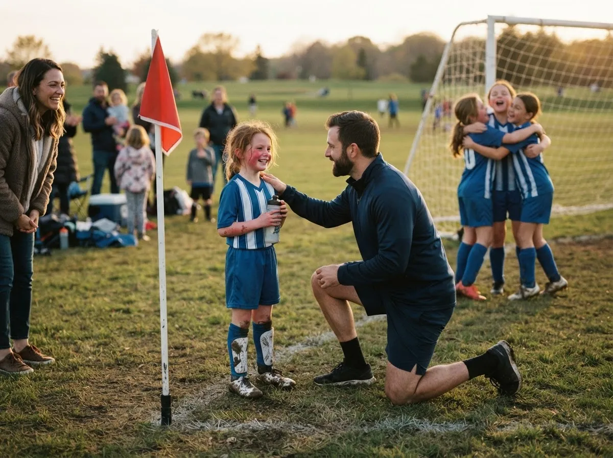 Coach and proud parent share emotional moment with young soccer player after a match.