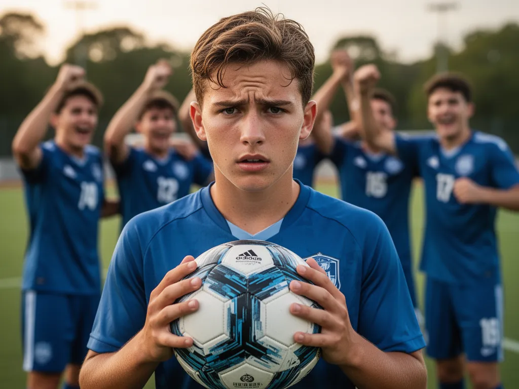 Young soccer player holding ball with focused expression and teammates celebrating behind