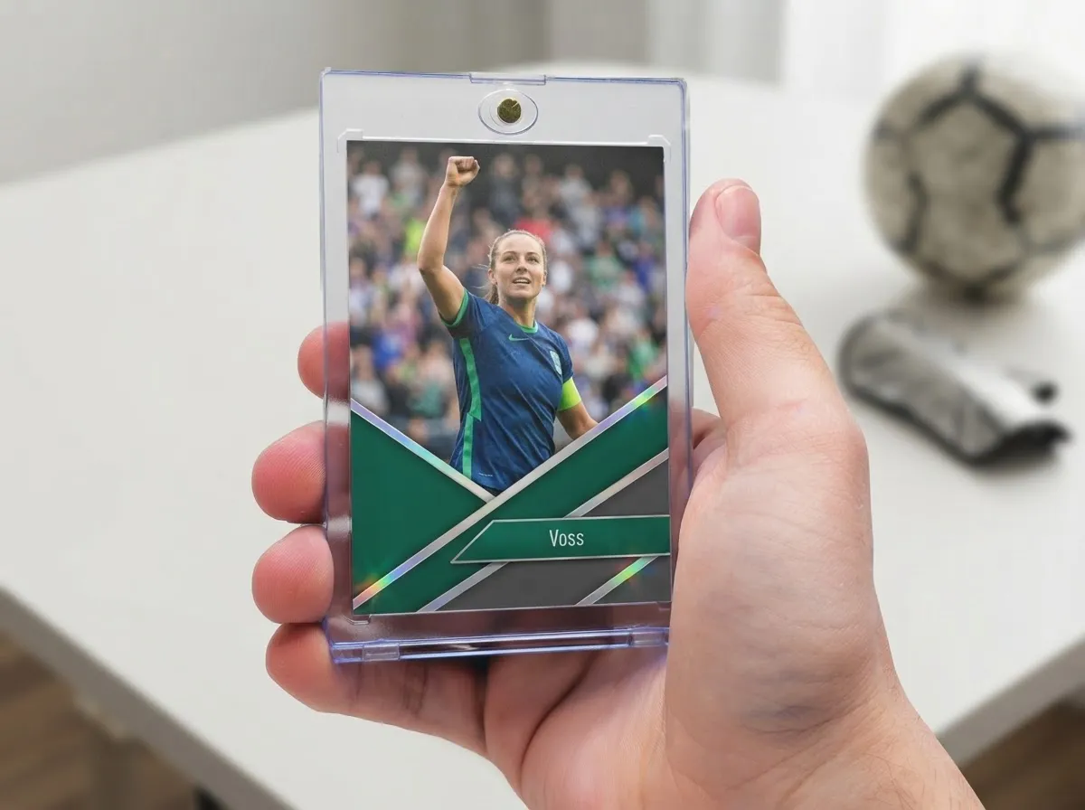 Custom soccer trading card in magnetic case with diagonal chrome frame design on white tabletop.