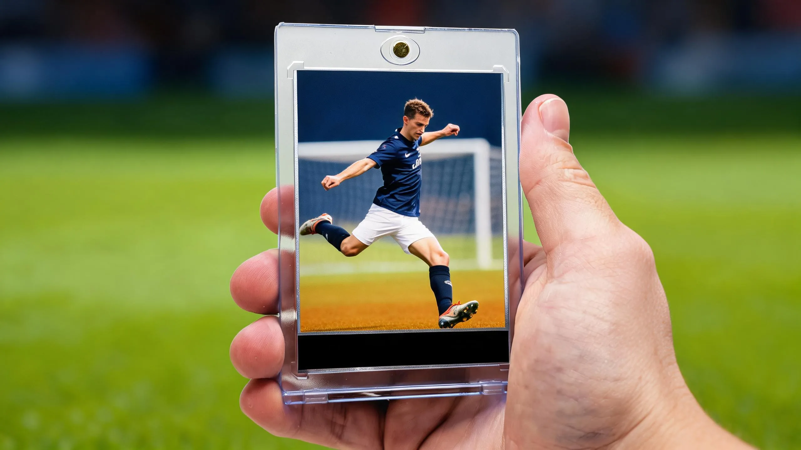 Hand holding magnetic case with fifa card template showing a striking soccer player card design.